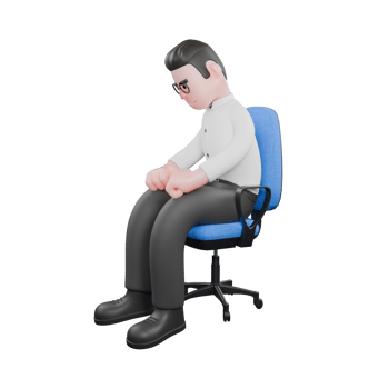 Creative 3D Model. A male producer sits on a work chair with both hands on his thighs and his head lowered. Producer Character png