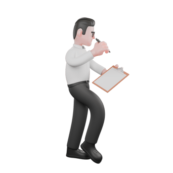 Creative 3D Producer. A male producer walks to the left while holding a pen in his right hand and a clipboard in his left hand. Movie Style png
