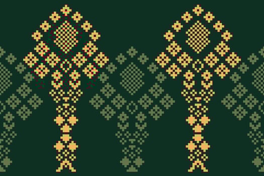 Ethnic pattern green color background motif pixel art design fabric pattern decor. vector