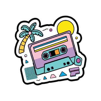 A sticker with a cassette player and palm tree vector