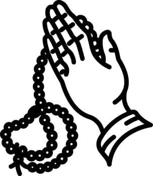 Doodle icon showing praying hands holding rosary beads vector