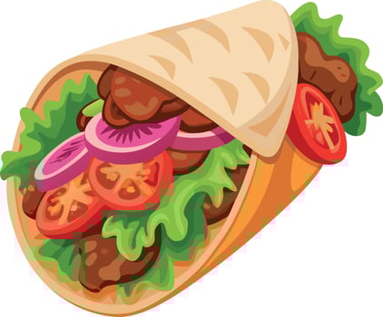 Delicious doner kebab wrapped in pita bread with fresh vegetables vector