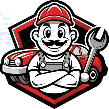 A cartoon mechanic with a wrench and mustache logo mascot vector