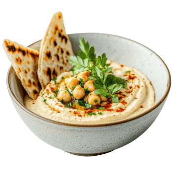Creamy hummus topped with chickpeas and parsley, served with pita. Isolated on transparent background. png