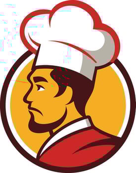 A chef in a hat and a red and yellow uniform vector