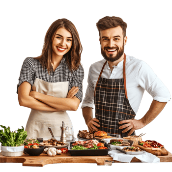 image of a smiling couple standing near a served table png