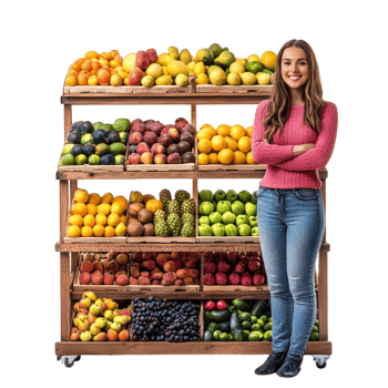 Fruit Store Display Featuring a Smiling Woman png