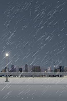 Cityscape in rainy day view from sidewalk have skyscraper and cloudy sky vertical background graphic illustration. vector