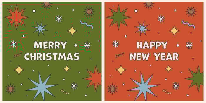Christmas retro background. Happy New Year greetings. Set of illustrations. Holiday card design. Trendy retro cartoon style. Bright colors, black outline. vector