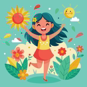 Happy girl with sun and flowers in the garden illustration vector