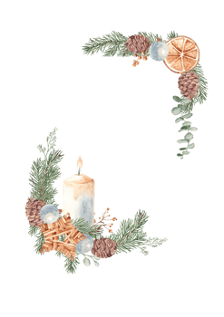 Christmas Advent square vertical Frame, Border. Corner Compositions with Winter plants, Candle and handmade Wicker star Toy. Hand drawn Botanical Illustration of Fir Branches, Eucalyptus, Pine Cone png