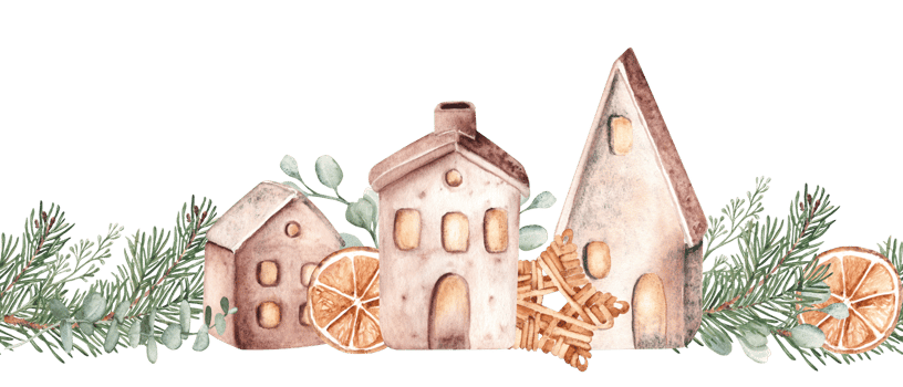 Christmas Horizontal Watercolor seamless border pattern. Ceramic houses with Fir Branches and eucalyptus. Orange slice and Wicker star. Cozy home decoration in Rustic style. Hand drawn illustration. png