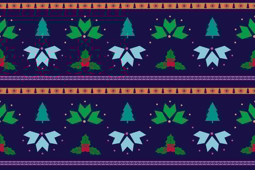 Decorative Christmas seamless pattern with winter motifs, including trees, holly, and snowflakes. Ideal for holiday designs and backgrounds. vector