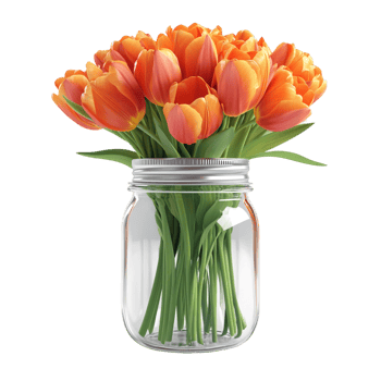 A jar of orange tulips with a silver lid labeled png