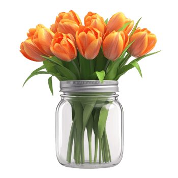 A jar of orange tulips with a silver lid labeled png