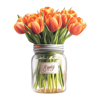 A jar of orange tulips with a silver lid labeled png