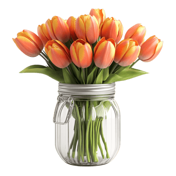 A jar of orange tulips with a silver lid labeled png