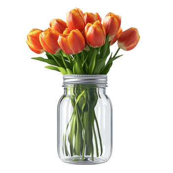 A jar of orange tulips with a silver lid labeled png