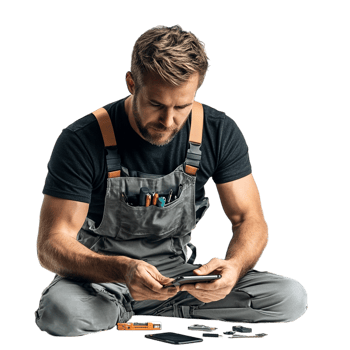 A man repairing a mobile phone against a transparent background png
