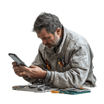 A man repairing a mobile phone against a transparent background png