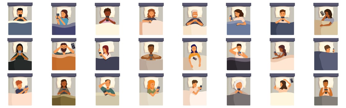 Bed phones icon set. People using smartphones in bed before sleeping at night vector