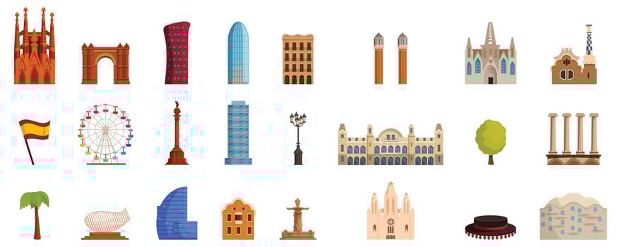 Barcelona icon set. Discovering barcelona, exploring the vibrant city's iconic landmarks and culture vector
