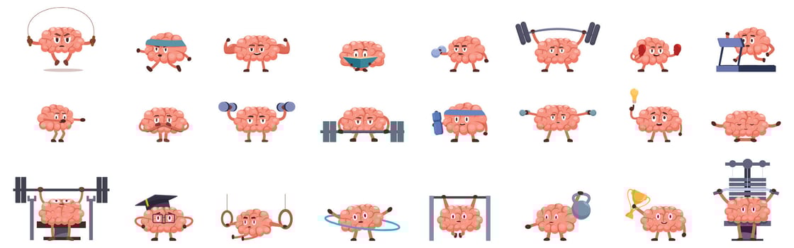 Train brain icon set. Brain training and exercising for healthy mind, cartoon brains engaging in various physical activities vector
