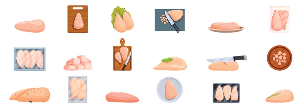 Raw chicken breast icon set. Fresh chicken fillet sliced and being prepared for cooking vector