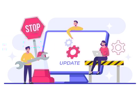 Computer with software update screen flat illustration, System maintenance, update process, install software, operating system vector