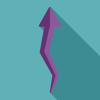Purple arrow pointing up symbolizing growth and progress with long shadow vector