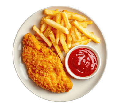 Plate with French fries, chicken schnitzel and ketchup isolated on transparent background, top view png