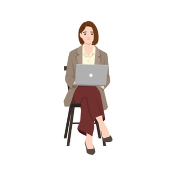 Young woman using laptop sitting on chair. vector