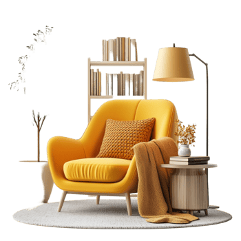 A yellow armchair and a lamp in a room png