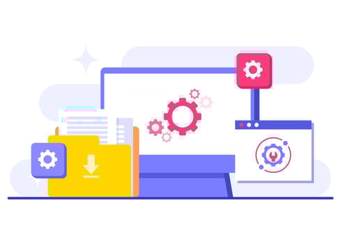 System maintenance is in progress flat illustration, Error, Fixing trouble, Device updating, Software system under maintenance, Software upgrade process on devices, People update operation system vector