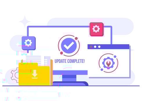 Software update process is completed, System maintenance flat illustration, Error, Fixing trouble, Device updating, Software system under maintenance vector