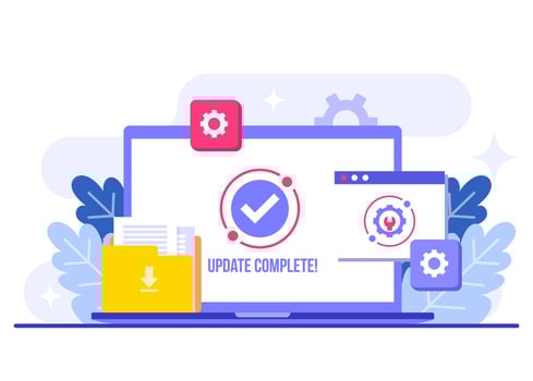 System maintenance flat illustration, Error, Fixing trouble, Device updating, Software system under maintenance, Software upgrade process on devices, People update operation system vector