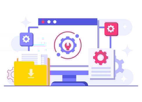 Computer software update flat illustration, System maintenance, Error, Fixing trouble, Device updating, Software system under maintenance, People update operation system vector