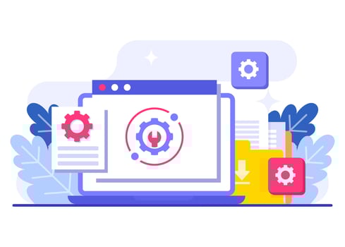 System update process on laptop screen flat illustration, Error, Fixing trouble, Device updating, Software system under maintenance, Software upgrade process on devices, People update operation system vector