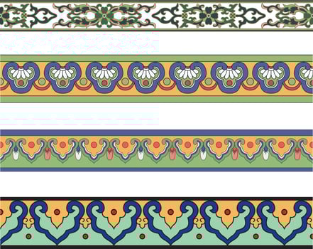 colorful set of seamless national Chinese borders, frames. Ethnic endless ornament of the peoples of Asia, China, Indonesia, Taiwan, Hong Kong, Korea. vector