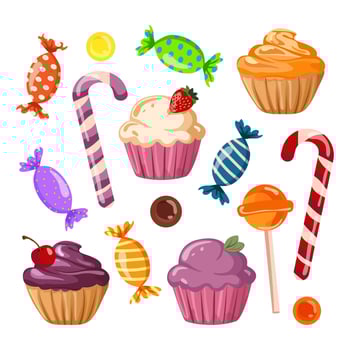 Set of sweets Various sweets, marshmallows, lollipops, cupcakes, candies in glossy wrappers for Thanksgiving and Christmas holidays. Confectionery, sweets and desserts illustration on white vector