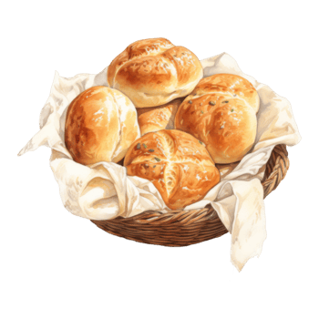 Watercolor Painting of Golden Brown Dinner Rolls in a Wicker Basket png