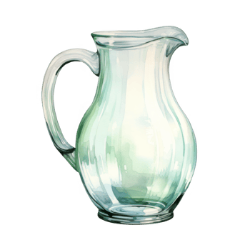 Watercolor painting of a clear glass pitcher with a curved body and handle. png