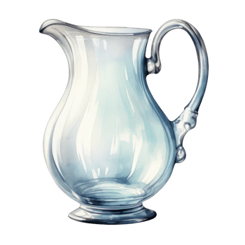Watercolor painting of an elegant, clear glass water pitcher with a handle. png