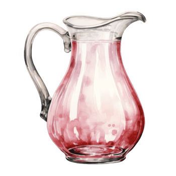 Watercolor painting of a glass pitcher filled with a reddish pink liquid. png
