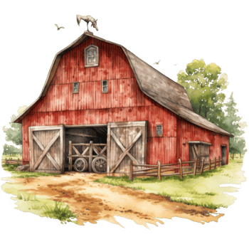 Rustic Wooden Barn with Gable Roof, Surrounded by Fence and Trees png