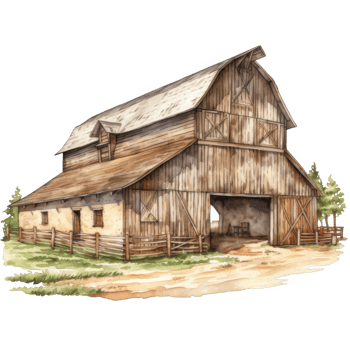 Rustic Wooden Barn with Gable Roof and Adjoining Adobe Structure png