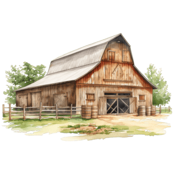 Rustic Wooden Barn with Gable Roof, Surrounded by Fence and Trees png