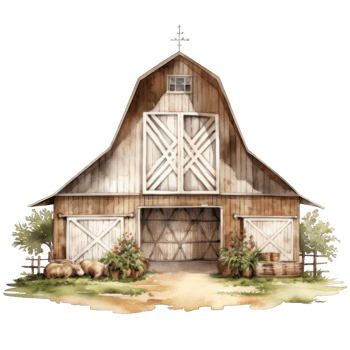 Rustic Wooden Barn with Cross Weathervane, Sheep, and Planters png