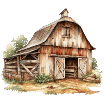 Rustic Wooden Barn with Gable Roof, Weathered Wood, and Small Weeping Tree png