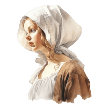 Pensive Young Woman in a White Headscarf and Brown Cloak png
